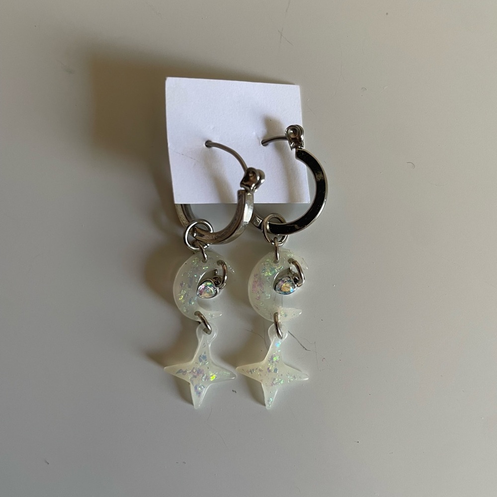 Iridescent Moon & Star Dangle Hoop Earrings - White